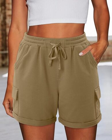 Womens Drawstring Elastic Waist Cargo Shorts High Waisted Rolled Edge Pocketed Summer Casual Shorts in Saudi Arabia