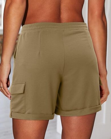 Womens Drawstring Elastic Waist Cargo Shorts High Waisted Rolled Edge Pocketed Summer Casual Shorts in Saudi Arabia