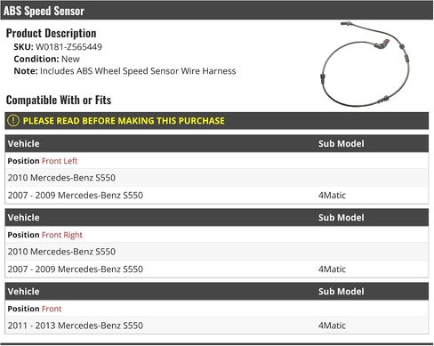 Front ABS Speed Sensor - Compatible with 2007-2013 Mercedes-Benz S550 4Matic in Saudi Arabia