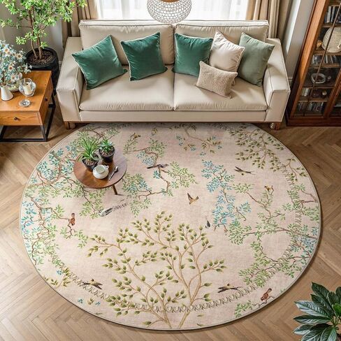 jinchan Round Rugs 6ft Ivory Botanical Birds Print Machine Washable 6' Circle Nature Plants Modern Soft Non Slip Kids Throw Area Rugs Ultra Thin Low Pile Carpet for Living Room Bedroom Dining Room in Saudi Arabia