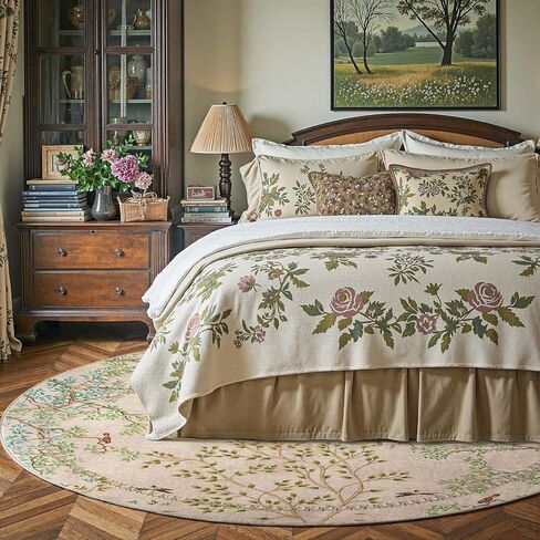 jinchan Round Rugs 6ft Ivory Botanical Birds Print Machine Washable 6' Circle Nature Plants Modern Soft Non Slip Kids Throw Area Rugs Ultra Thin Low Pile Carpet for Living Room Bedroom Dining Room in Saudi Arabia