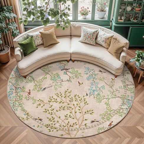 jinchan Round Rugs 6ft Ivory Botanical Birds Print Machine Washable 6' Circle Nature Plants Modern Soft Non Slip Kids Throw Area Rugs Ultra Thin Low Pile Carpet for Living Room Bedroom Dining Room in Saudi Arabia
