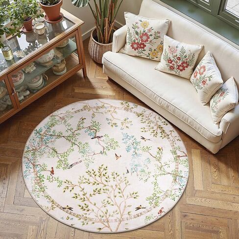 jinchan Round Rugs 6ft Ivory Botanical Birds Print Machine Washable 6' Circle Nature Plants Modern Soft Non Slip Kids Throw Area Rugs Ultra Thin Low Pile Carpet for Living Room Bedroom Dining Room in Saudi Arabia