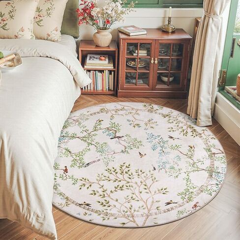 jinchan Round Rugs 6ft Ivory Botanical Birds Print Machine Washable 6' Circle Nature Plants Modern Soft Non Slip Kids Throw Area Rugs Ultra Thin Low Pile Carpet for Living Room Bedroom Dining Room in Saudi Arabia