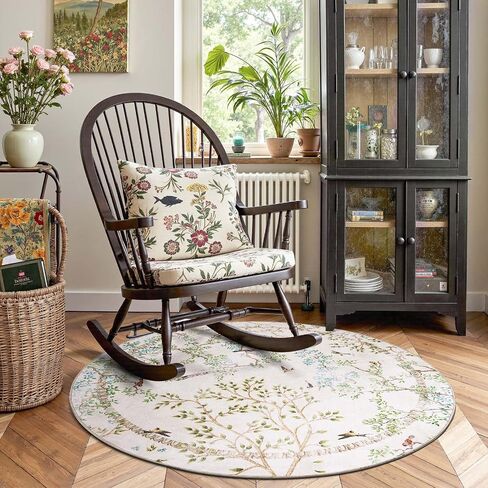 jinchan Round Rugs 6ft Ivory Botanical Birds Print Machine Washable 6' Circle Nature Plants Modern Soft Non Slip Kids Throw Area Rugs Ultra Thin Low Pile Carpet for Living Room Bedroom Dining Room in Saudi Arabia