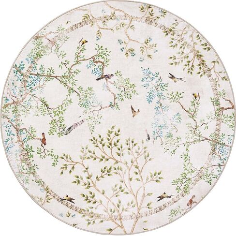 jinchan Round Rugs 6ft Ivory Botanical Birds Print Machine Washable 6' Circle Nature Plants Modern Soft Non Slip Kids Throw Area Rugs Ultra Thin Low Pile Carpet for Living Room Bedroom Dining Room in Saudi Arabia