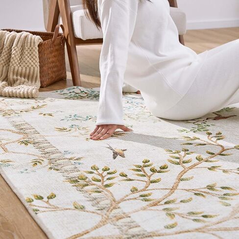 jinchan Round Rugs 6ft Ivory Botanical Birds Print Machine Washable 6' Circle Nature Plants Modern Soft Non Slip Kids Throw Area Rugs Ultra Thin Low Pile Carpet for Living Room Bedroom Dining Room in Saudi Arabia