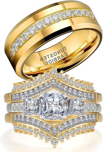 2CT CZ Wedding Ring Set for Women & Men Yellow Gold Plated Bridal Couple Rings Tungsten Ring Elegant Wedding Band in Kuwait