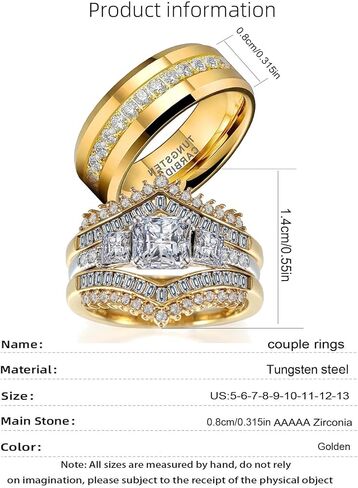 2CT CZ Wedding Ring Set for Women & Men Yellow Gold Plated Bridal Couple Rings Tungsten Ring Elegant Wedding Band in Kuwait
