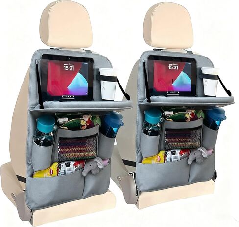 Backseat Car Organizer with Tray, 9 Storage Pockets Back Seat Protector with Foldable Tablet Holder, Waterproof Back of Seat Kick Mats for Kids Adult, Road Trip Essentials Travel 2 Pack, Black in Kuwait