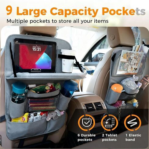 Backseat Car Organizer with Tray, 9 Storage Pockets Back Seat Protector with Foldable Tablet Holder, Waterproof Back of Seat Kick Mats for Kids Adult, Road Trip Essentials Travel 2 Pack, Black in Kuwait