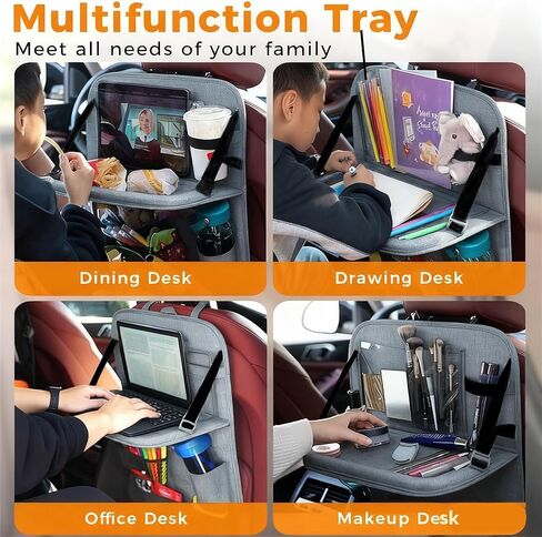 Backseat Car Organizer with Tray, 9 Storage Pockets Back Seat Protector with Foldable Tablet Holder, Waterproof Back of Seat Kick Mats for Kids Adult, Road Trip Essentials Travel 2 Pack, Black in Kuwait