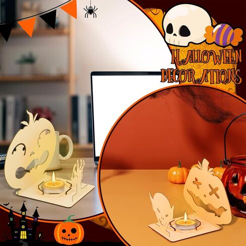 10 قطعة حوامل شموع خشبية للهالوين حامل شموع Tealight الدعائم على شكل اليقطين حامل خشبي لعناصر ديكور حفلات الهالوين in Kuwait