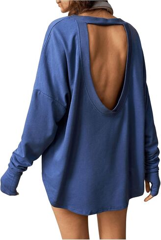 SweatyRocks Women's Open Back Oversized Sweatshirt Crew Neck Long Sleeve Asymmetrical Tops with Thumb Hole in Saudi Arabia