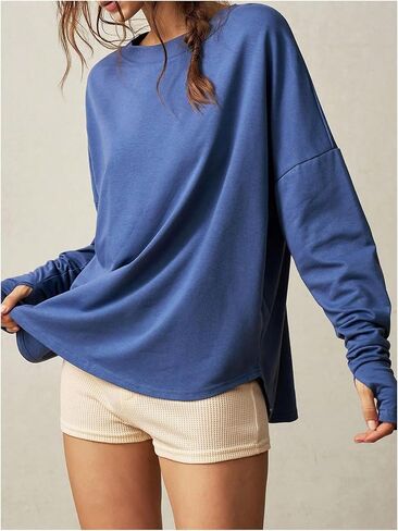 SweatyRocks Women's Open Back Oversized Sweatshirt Crew Neck Long Sleeve Asymmetrical Tops with Thumb Hole in Saudi Arabia