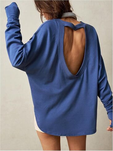 SweatyRocks Women's Open Back Oversized Sweatshirt Crew Neck Long Sleeve Asymmetrical Tops with Thumb Hole in Saudi Arabia