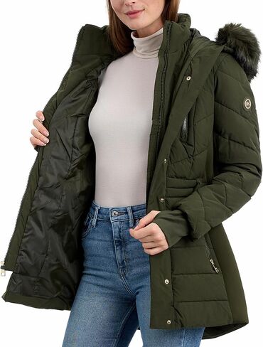 Michael Kors Womens Hooded Puffer Jacket With Faux Fur Trim and Belt, Heavy Winter Jackets for Women in Saudi Arabia
