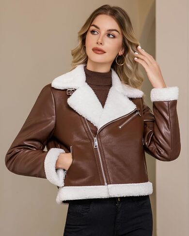 DIASHINY Women Fur Leather Jacket Faux Fur Lined Shearing Cropped Moto Biker Coat in Kuwait