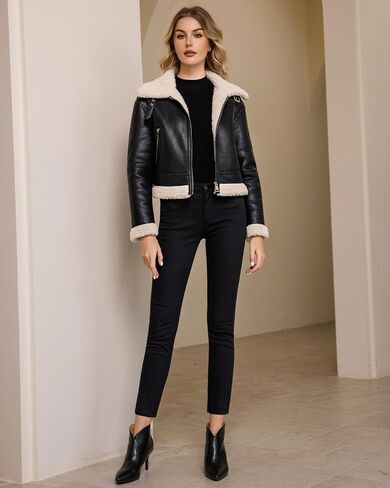 DIASHINY Women Fur Leather Jacket Faux Fur Lined Shearing Cropped Moto Biker Coat in Kuwait