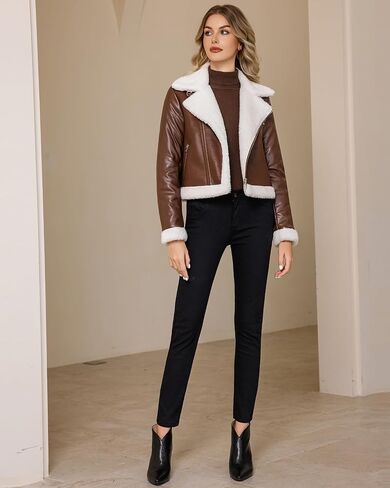 DIASHINY Women Fur Leather Jacket Faux Fur Lined Shearing Cropped Moto Biker Coat in Kuwait