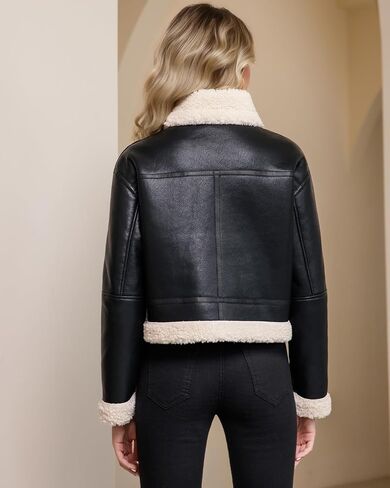 DIASHINY Women Fur Leather Jacket Faux Fur Lined Shearing Cropped Moto Biker Coat in Kuwait