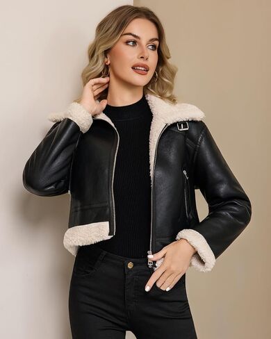 DIASHINY Women Fur Leather Jacket Faux Fur Lined Shearing Cropped Moto Biker Coat in Kuwait