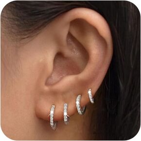 LEXODY 4 Pairs Small Silver Hoop Earrings Set for Women, Sterling Silver Tiny Lightweight Cubic Zirconia Cuff Huggie Earrings Cartilage Earring Piercing Jewelry for Women Girls 9mm/11mm/14mm/16mm
