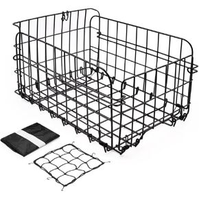 ANZOME Folding Rear Bike Basket, Metal Rear Bicycle Basket with Bike Basket Liner and Adjustable Cargo Net, Waterproof Bike Basket for Most Rear Mounted Bike Rack, Large Space Folding Bike Basket Rear