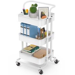 Rolling Utility Cart, 3-Tier Mesh Organization Cart with Lockable Wheels, Multi-Functional Storage Trolley for Office, Living Room, Kitchen, Laundry, Bathroom Storage, White (TZUC01W)