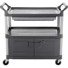 Rubbermaid Commercial Products Heavy Duty 2-Shelf Rolling Service/Utility/Push Cart, with Lockable Doors and Sliding Drawer, 300 lb. Capacity, Black, for Maintenance/Restaurant/Cleaning