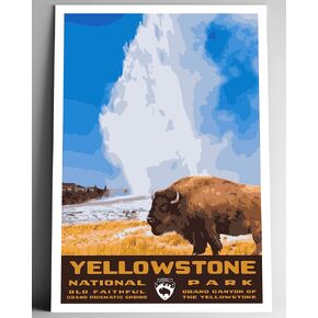 Yellowstone National Park Vintage-Style Travel Poster - 8x10-12x18-18x24-24x36 / 4x6 Postcard WPA Style Art Print Wyoming Montana Idaho USA Bison Old Faithful (12x18 Inch Poster)