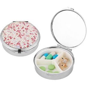 Shiny Rhinestone Crystal Portable Pill Case with Mirror Bling Diamonds Travel for Purse or Pocket Daily Tiny Medicine Box(Colorful)
