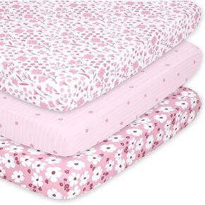 The Peanutshell Pack n Play Sheets for Baby Girl, Fitted Mini Crib Sheets, Playard Sheets, Playpen, Portable Crib Bedding, Floral Daisy 3 Pack