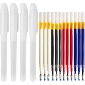 4 Colors Heat Erasable Fabric Marking Pens with 12 Heat Erasable Refills, Heat Erasable Pens for Fabric, Fabric Markers for Sewing DIY Dressmaking Embroidery Pen Quilting Supplies