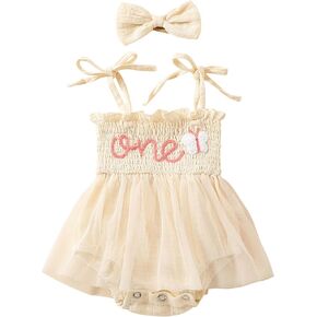 OBEEII First Birthday Outfit Girl, Spaghetti Straps Smocked One Birthday Romper Tutu Dress + Headband Summer Outfits