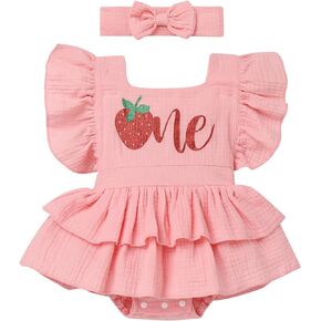 Sweet One Strawberry Birthday Outfit Girl Ruffle Backless Romper Bodysuit Baby Berry Cake Smash Photoshoot Outfits