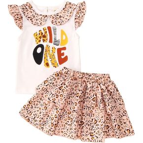 Ritatte Baby Girl Birthday Outfit Wild One Two Three Ruffle Sleeve Shirt Top Leopard Skirt Set Toddler 2Pcs Summer Clothes