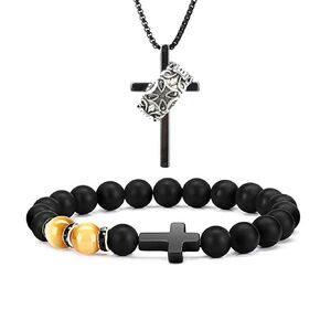 3Pcs Cross Necklace-Bracelet-Ring Jewelry Set, Stainless Steel Cross Pendant,Adjustable Jesus Bracelet and Ring, Red Tigers Eye Beaded Bracelets for Men Gifts