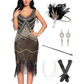 Women 1920s Vintage Fringed Gatsby Dress Accessories Set Headband Pearl Necklace Gloves Bracelet Set