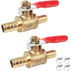 2 PCS 1/2" Hose ID x 1/2 INCH Hose Barb Mini Ball Valve Brass Shut Off Switch, Pipe Tubing Fitting Coupler, 180 Degree Operation Handle with 4 Hose Clamps