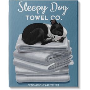 Stupell Industries Sleepy Dog Towel Co. Adorable Boston Terrier Bathroom, Design by Brian Rubenacker Canvas Wall Art, 16 x 20, Blue