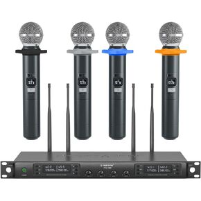 Phenyx Pro Wireless Microphone System, Quad Channel Wireless Mic, w/ 4 Handheld Microphones, 4x40 Channels, Auto Scan, Long Distance 328ft, Microphone for Singing, Church, Karaoke (PTU-7000-4H)