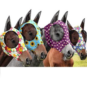 Frienda 4 Pieces Horse Fly Masks with Ears Face Covering UV Protection from Insect Pests Elasticity Smooth Comfortable Mesh Horse Mask Accessories(Tie-dye,Large)