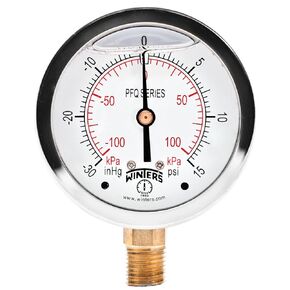 Winters 2-1/2" Dial Size, Liquid Filled Industrial Pressure Gauge, Brass Internals, 304 Stainless Steel Case, Dual Scale 30" Hg-0-30 psi/kPa, 1.5% Acc, 1/4" NPT Bottom Mount, Pressure and Vacuum Gauge