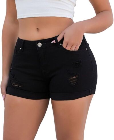 Womens Stretchy Denim Shorts Mid Rise Curvy Fit Folded Hem Jean Shorts in Saudi Arabia