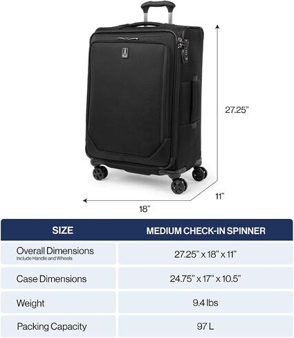 Travelpro Crew Classic Lightweight Softside Expandable Checked Luggage, 8 Wheel Spinner Suitcase, TSA Lock, Men and Women, Checked Medium 25-Inch, Black in Saudi Arabia