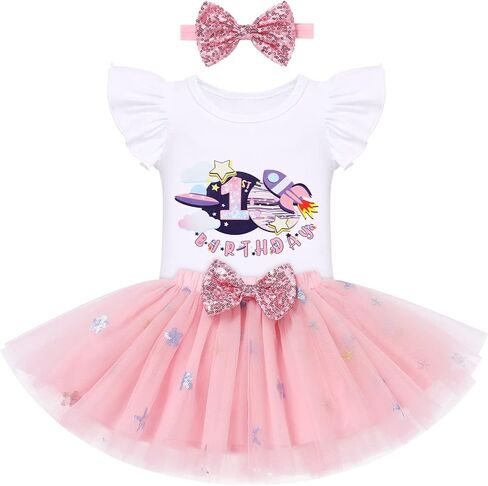 IBTOM CASTLE Baby Girls 1st Birthday Dress Rainbow Short Sleeve Romper Tutu Skirt Headband Kid Cake Smash Photo Shoot Clothes in Saudi Arabia