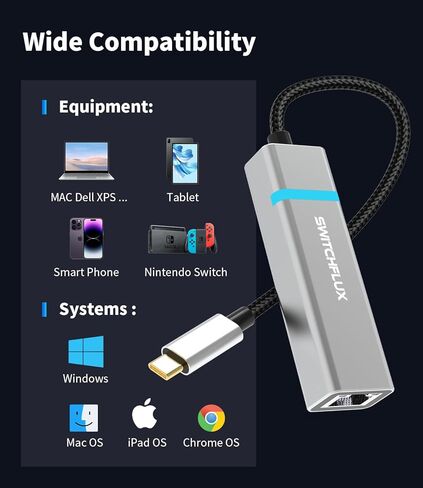 محول USB C إلى إيثرنت 2.5 جيجا، محول شبكة USB من الألومنيوم من النوع C 3.1 إلى RJ45 Gigabit LAN (متوافق مع Thunderbolt 3) لأجهزة MacBook Pro/Air وiPad Pro وiPhone 15 Series والكمبيوتر المحمول والمزيد in Kuwait