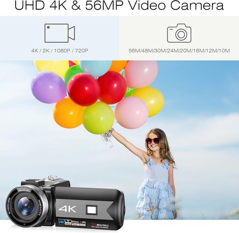 كاميرا فيديو بدقة 4K، كاميرا فيديو تعمل باللمس تدور بزاوية 270 درجة، كاميرا تسجيل فيديو بتكبير رقمي 16X مع ضوء ثلاثي الألوان، كاميرا رؤية ليلية بالأشعة تحت الحمراء بدقة 56 ميجابكسل لليوتيوب، جهاز تحكم عن بعد، بطاريتان in Kuwait