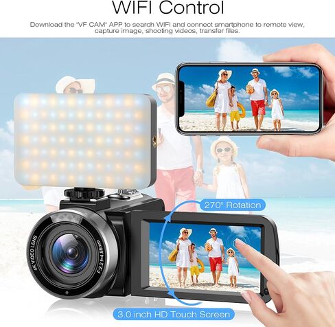 كاميرا فيديو بدقة 4K، كاميرا فيديو تعمل باللمس تدور بزاوية 270 درجة، كاميرا تسجيل فيديو بتكبير رقمي 16X مع ضوء ثلاثي الألوان، كاميرا رؤية ليلية بالأشعة تحت الحمراء بدقة 56 ميجابكسل لليوتيوب، جهاز تحكم عن بعد، بطاريتان in Kuwait